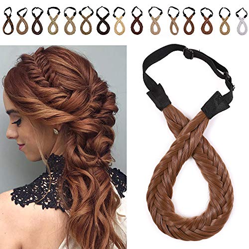 SEGO Extensiones de Cabello Diademas Trenzadas Elásticas Mujer Pelo Sintético Se Ve Natural Accesorios Fishtail Braid Hair Headband Tight [Castaño Caoba Claro]