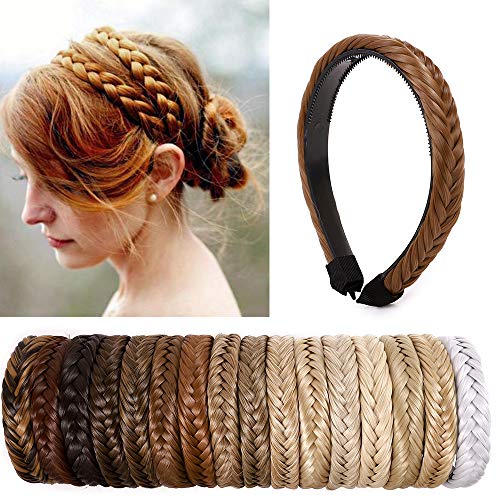 SEGO Extensiones de Cabello Diademas Trenzadas Elásticas Mujer Pelo Sintético Se Ve Natural Accesorios Fishtail Braided Hair Headband Head Hoop [Castaño Caoba Claro]