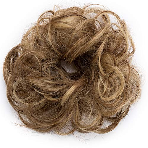 SEGO Moño Postizo Rizado con Goma Pelo Sintético Se Ve Natural [Castaño Claro a Rubio Ceniza] Recogido Coletero Peinado Alto Extensiones de Cabello Coleta Postiza Pelucas (25g)