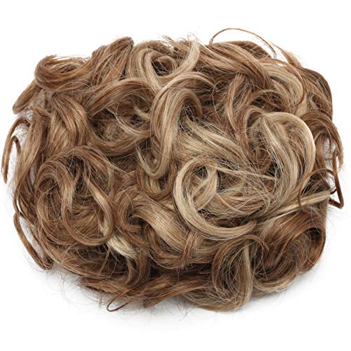 SEGO Moño Postizo Voluminoso Rizado con Peine de Clips [Castaño&Blanqueador Rubio] Pelo Sintético Se Ve Natural Extensiones de Clip Coleta Postiza (80g)