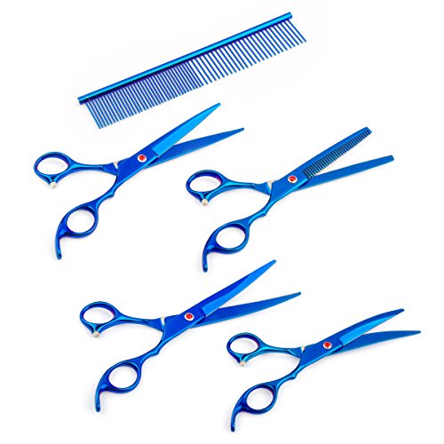 SelfLove 4Pcs / Set Peluquería Profesional Tijeras de peluquería Kit de Herramientas electrochapado Acabado con Peine para Haircut Hair Styling Pet Grooming 7.0"- Azul