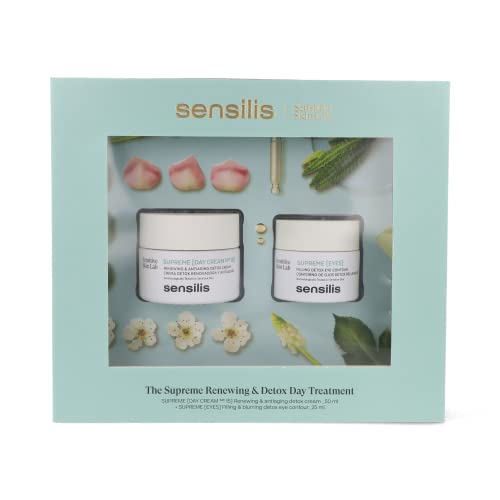 Sensilis Supreme - Pack con Crema de Día Detox Renovadora y Antiedad (50ml) con Ácido Hialurónico y Contorno de Ojos para Ayudar a Reducir Bolsas, Ojeras y Líneas de Expresión (20ml) con Cafeína