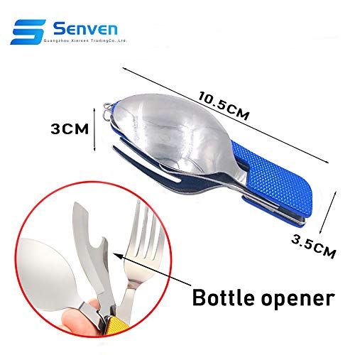 Senven® 4-en-1 Cubiertos Plegables, Vajilla Portátil de Acero Inoxidable para Camping, Vajilla Plegable Desmontable, Incluye Cuchillo, Tenedor, Cuchara y Abridor –– Azul