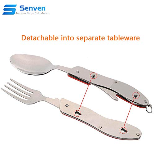 Senven® 4-en-1 Cubiertos Plegables, Vajilla Portátil de Acero Inoxidable para Camping, Vajilla Plegable Desmontable, Incluye Cuchillo, Tenedor, Cuchara y Abridor –– Azul