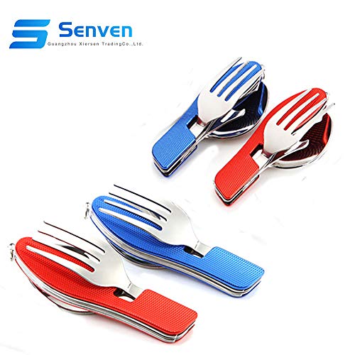 Senven® 4-en-1 Cubiertos Plegables, Vajilla Portátil de Acero Inoxidable para Camping, Vajilla Plegable Desmontable, Incluye Cuchillo, Tenedor, Cuchara y Abridor –– Azul