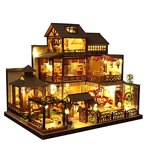 Septiembre- Casa de muñecas retro estilo japonés en miniatura con muebles, kit de casa de muñecas de madera con luz LED, escala 1:24, habitación creativa para regalo de cumpleaños