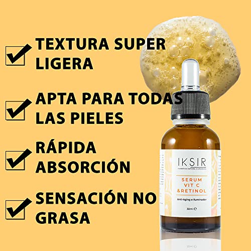 Sérum Facial con Vitamina C Y Retinol 100% Orgánico – 30ml - Serum Facial para Mujeres Y Hombres con Propiedades Antiarrugas, Antimanchas e Hidratante - Para Rostro Y Cuello.