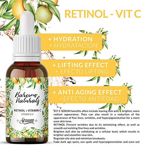 Serum Facial Vitamina C Retinol Puro Hidratante Antiedad Natural Antiarrugas Antimanchas Piel Cara Contorno de Ojos Antibolsas Antifatiga Ojeras Cuello Escote Mujer Hombre Dia Noche Vegano 30ml