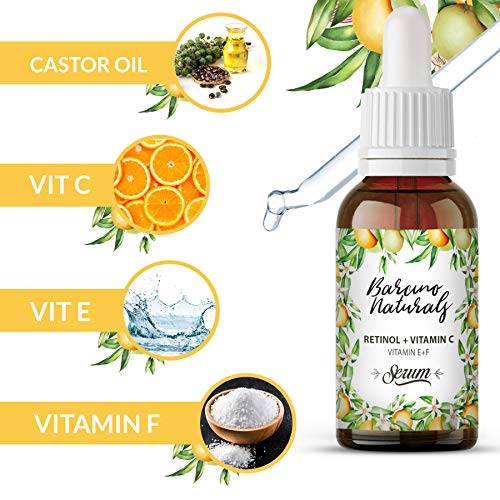 Serum Facial Vitamina C Retinol Puro Hidratante Antiedad Natural Antiarrugas Antimanchas Piel Cara Contorno de Ojos Antibolsas Antifatiga Ojeras Cuello Escote Mujer Hombre Dia Noche Vegano 30ml