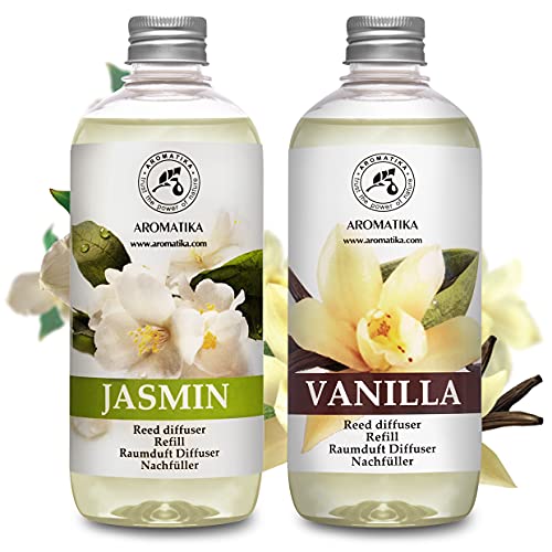 Set de Recarga para Difusor Carrizo Vanille y Jazmín con Aceite Esencial de Jazmín 1L - 2 x 500ml - Relleno Difusor - Difusores Aromáticos - Ambientador - Fragancia para la Habitación