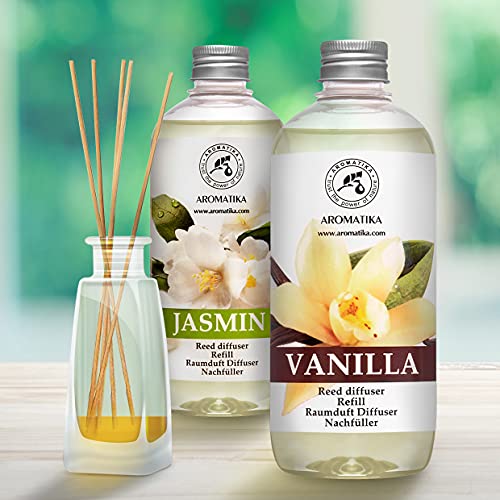 Set de Recarga para Difusor Carrizo Vanille y Jazmín con Aceite Esencial de Jazmín 1L - 2 x 500ml - Relleno Difusor - Difusores Aromáticos - Ambientador - Fragancia para la Habitación