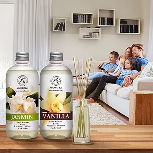 Set de Recarga para Difusor Carrizo Vanille y Jazmín con Aceite Esencial de Jazmín 1L - 2 x 500ml - Relleno Difusor - Difusores Aromáticos - Ambientador - Fragancia para la Habitación