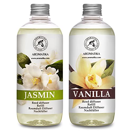 Set de Recarga para Difusor Carrizo Vanille y Jazmín con Aceite Esencial de Jazmín 1L - 2 x 500ml - Relleno Difusor - Difusores Aromáticos - Ambientador - Fragancia para la Habitación