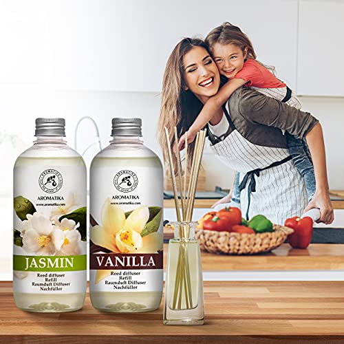 Set de Recarga para Difusor Carrizo Vanille y Jazmín con Aceite Esencial de Jazmín 1L - 2 x 500ml - Relleno Difusor - Difusores Aromáticos - Ambientador - Fragancia para la Habitación