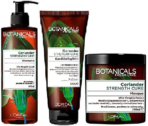 Set L 'Oréal Paris Botanicals Cilantro fuerza cura Champú X 400 ml, Acondicionado Bálsamo x 200 ml, Mascarilla X 200 ml Cabello Frágil