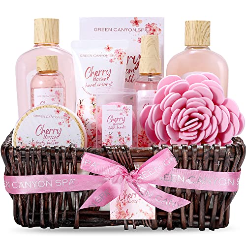 Set Regalo Mujer, Green Canyon Spa Cestas de Regalo para Mujer Set de Baño Mujer Aroma de Flor de Cerezo con 10 Piezas Caja SPA Regalo para Hogar Incluye Gel de Ducha, Bombas de Baño, Loción Corporal