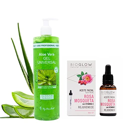 SET Sérum Facial Rosa Mosqueta Vegano Hidratante Anti edad con Vitamina E Antiarrugas Anti manchas Regenera la piel elimina Cicatrices de Acné y Estrías + Aloe Vera Gel Post Depilación Puro