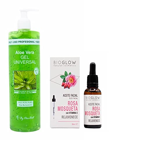 SET Sérum Facial Rosa Mosqueta Vegano Hidratante Anti edad con Vitamina E Antiarrugas Anti manchas Regenera la piel elimina Cicatrices de Acné y Estrías + Aloe Vera Gel Post Depilación Puro