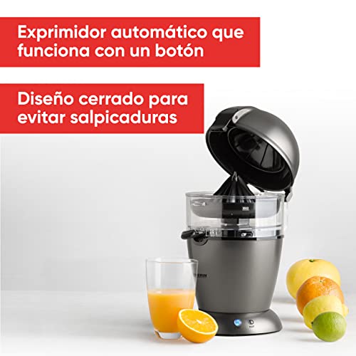 SEVERIN Exprimidor automático de cítricos, exprimidor de naranjas eléctrico que aprovecha el zumo al máximo, zumera eléctrica con sistema Easy-Clean, gris metalizado/negro, CP 3537