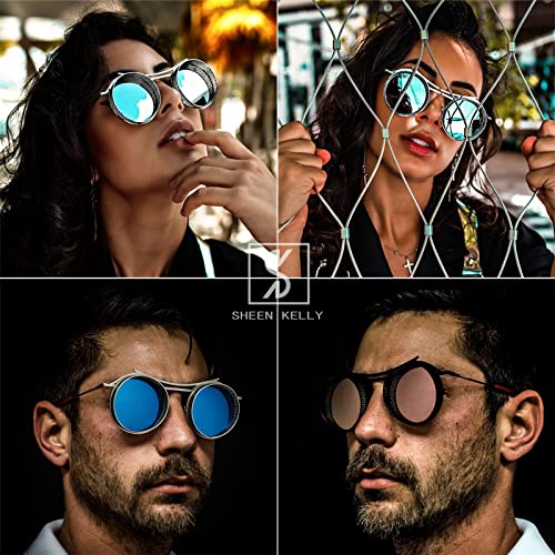 SHEEN KELLY Gafas de sol Steampunk circulares de gran tamaño vintage para hombres y mujeres, lentes de gradiente de marco de metal con escudo lateral Retro