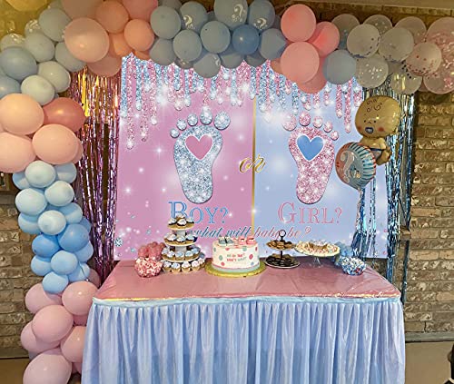 SHISHI Little Feet Gender Reveal telón de fondo rosa y azul niño o niña huella de bebé Gillter Diamond Fotografía Fondo recién nacido Baby Shower Party Banner 2.1 x 1.5 m