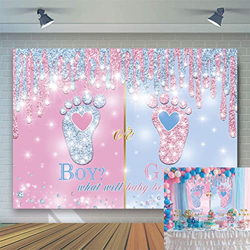 SHISHI Little Feet Gender Reveal telón de fondo rosa y azul niño o niña huella de bebé Gillter Diamond Fotografía Fondo recién nacido Baby Shower Party Banner 2.1 x 1.5 m