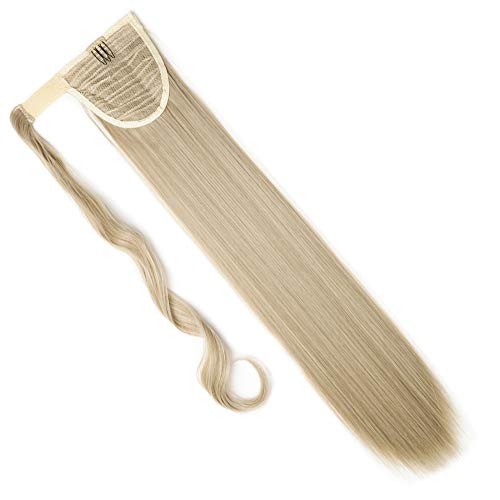 Silk-co Coleta Postiza de Pelo Sintético Liso con Clips Extensiones Cola de caballo Recto Largo postizo Cola de Caballo Extensiones Envolventes #Rubia & Rubia Pálida (58cm,90g)