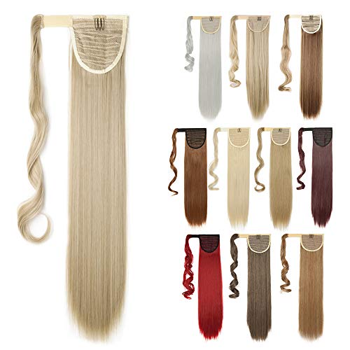 Silk-co Coleta Postiza de Pelo Sintético Liso con Clips Extensiones Cola de caballo Recto Largo postizo Cola de Caballo Extensiones Envolventes #Rubia & Rubia Pálida (58cm,90g)