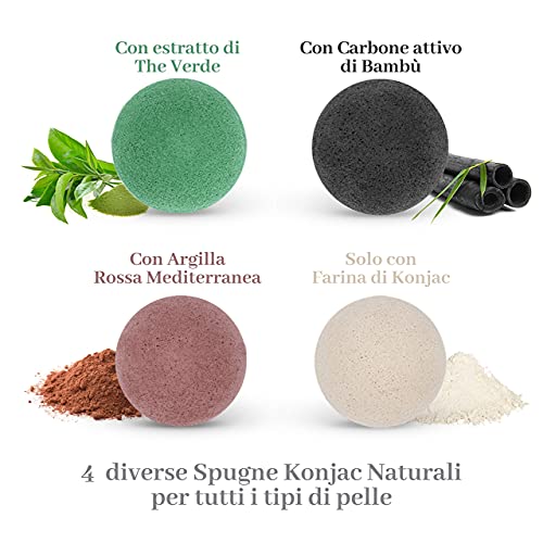 Sinutan® Esponja facial Konjac | 100% natural (juego de 4) carbón activo de bambú / té verde / arcilla roja/blanca pura | Esponja Konjac redonda para exfoliación y limpieza profunda de los poros