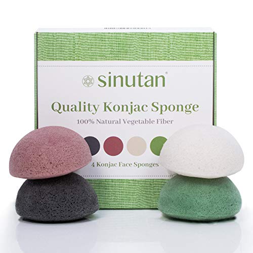 Sinutan® Esponja facial Konjac | 100% natural (juego de 4) carbón activo de bambú / té verde / arcilla roja/blanca pura | Esponja Konjac redonda para exfoliación y limpieza profunda de los poros