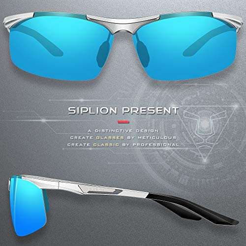 SIPLION Gafas de Sol Polarizadas Hombre para Conducir Deportes ultraligero marco de metal irrompible 100% UV400-8729 Plateado+Azul