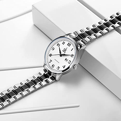 SK Relojes lassic Business para Mujer con Correa de Acero Inoxidable y Elegante Reloj con Calendario para Mujer(Silver)