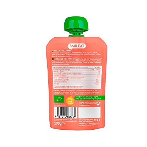 Smileat - Pouch Ecológico de Fresa y Plátano, Ingredientes Naturales Bebibles, Para Bebés a Partir de los 6 Meses - 100g