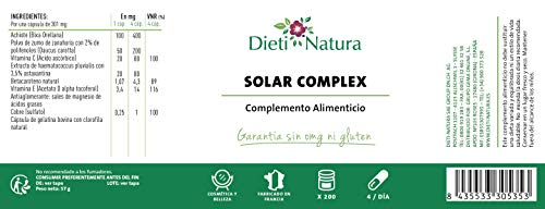 Solar Complex 200 cápsulas de Dieti Natura. Broncea y prepara la piel para el verano [Fabricado en Francia][Garantía Sin OGM ni Gluten] (Bote de 200 cápsulas)