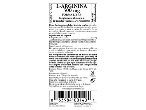 Solgar L-arginina Cápsulas Vegetales De 500 Mg, 50 Unidad, 100 g