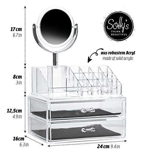 Solly's Claudia - Neceser de maquillaje y joyas transparente con espejo - Organizador cosmético para accesorios de belleza