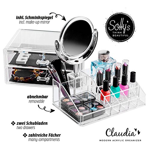 Solly's Claudia - Neceser de maquillaje y joyas transparente con espejo - Organizador cosmético para accesorios de belleza