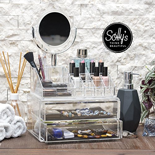 Solly's Claudia - Neceser de maquillaje y joyas transparente con espejo - Organizador cosmético para accesorios de belleza