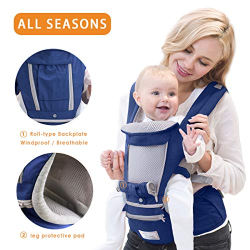 SONARIN 3 en 1 Multifuncional Hipseat Baby Carrier, Portador de bebé,Anverso y Reverso,100% Algodón,Ergonómica, Tamaño Libre(Azul)