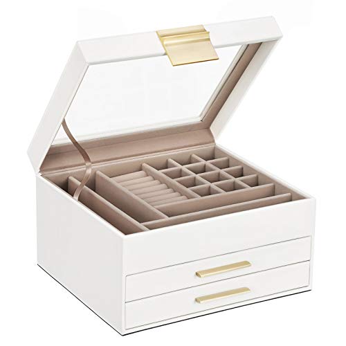 SONGMICS Caja joyero, Caja para Joyas, Organizador de Joyas con Tapa de Cristal, 3 Capas con 2 cajones, Regalo para Seres Queridos, Blanco JBC239WT