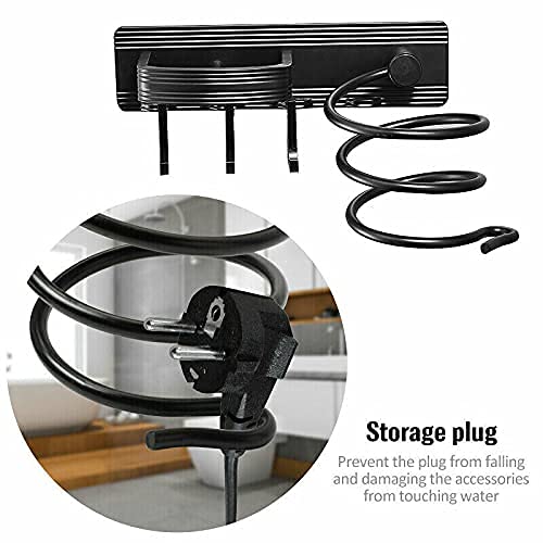 Soporte para secador de pelo montado en la pared, estante en espiral, soporte para colgar en la ropa, organizador de almacenamiento y baño con tres ganchos de aluminio plateado (negro)