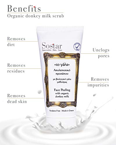 Sostar- Exfoliante facial y peeling hidratante con leche de burra - Limpiador facial elaborado con ingredientes naturales y orgánicos - Perfecto como lavado facial exfoliante diario