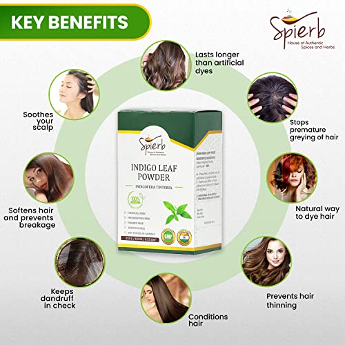 Spierb Índigo Polvo 250gm para el cabello para usar con el polvo de henna para teñir el cabello de negro - Tinte de pelo natural en polvo índigo - 100% puro polvo de hoja de Indigofera tinctoria