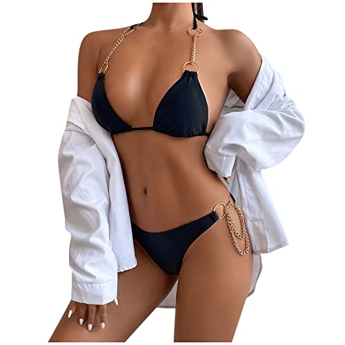 Split traje de baño de moda mujeres sexy cadena de metal impreso traje de baño vendaje Bikini Split traje de baño 606, Negro, S