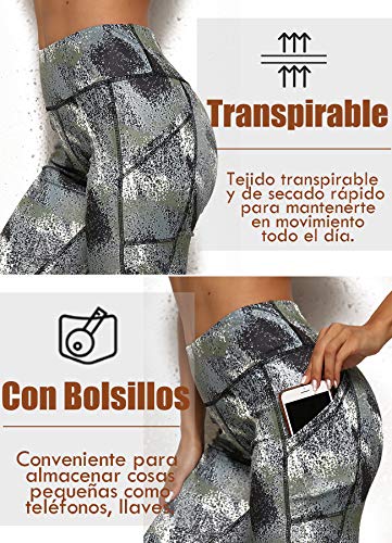 STARBILD Leggings 3/4 Mallas Pantalones de Alta Cintura Elástica Súper Transpirable Adelgazante de Yoga Deportivas Leggins para Mujer Negro-Gris L