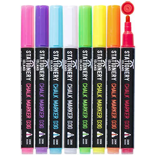 Stationery Island D30 - Rotuladores de Tiza Líquida, Borrado en Seco, Punta Fina Redonda 3mm - Pack de 8 Colores