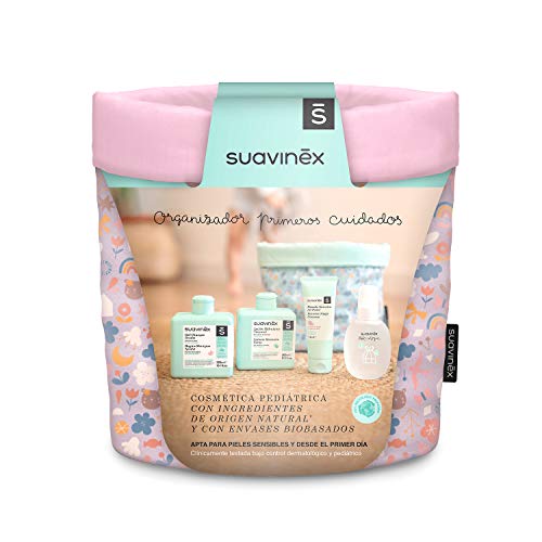 SUAVINEX 401314 - Suavinex, Organizador Tela Para Bebés con Baby Cologne, Loción Hidratante, Pomada Intensiva y Gel-Champú Syndet. 4 productos, Rosa, niñas