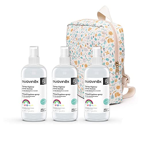 Suavinex, Pack 3x Spray Higienizante Para Niños y Mochila de Regalo. Solución hidroalcohólica. 70% Alcohol. Sin aclarado, 1500ml. 4 productos