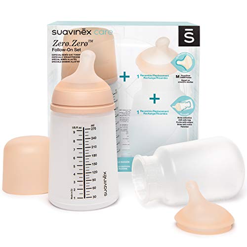 Suavinex Set Biberón Zero.Zero Anticólicos con Tetina y Bolsa, de Recambio, 270ml, Flujo Medio, Blanco