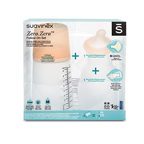 Suavinex Set Biberón Zero.Zero Anticólicos con Tetina y Bolsa, de Recambio, 270ml, Flujo Medio, Blanco